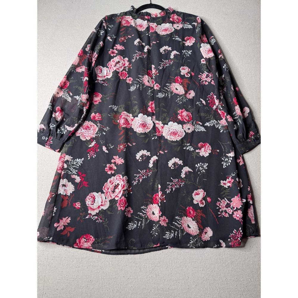 Loft Outlet Women Black Pink Floral Ruffle Neck Long Sleeve Shift Dress Size 4